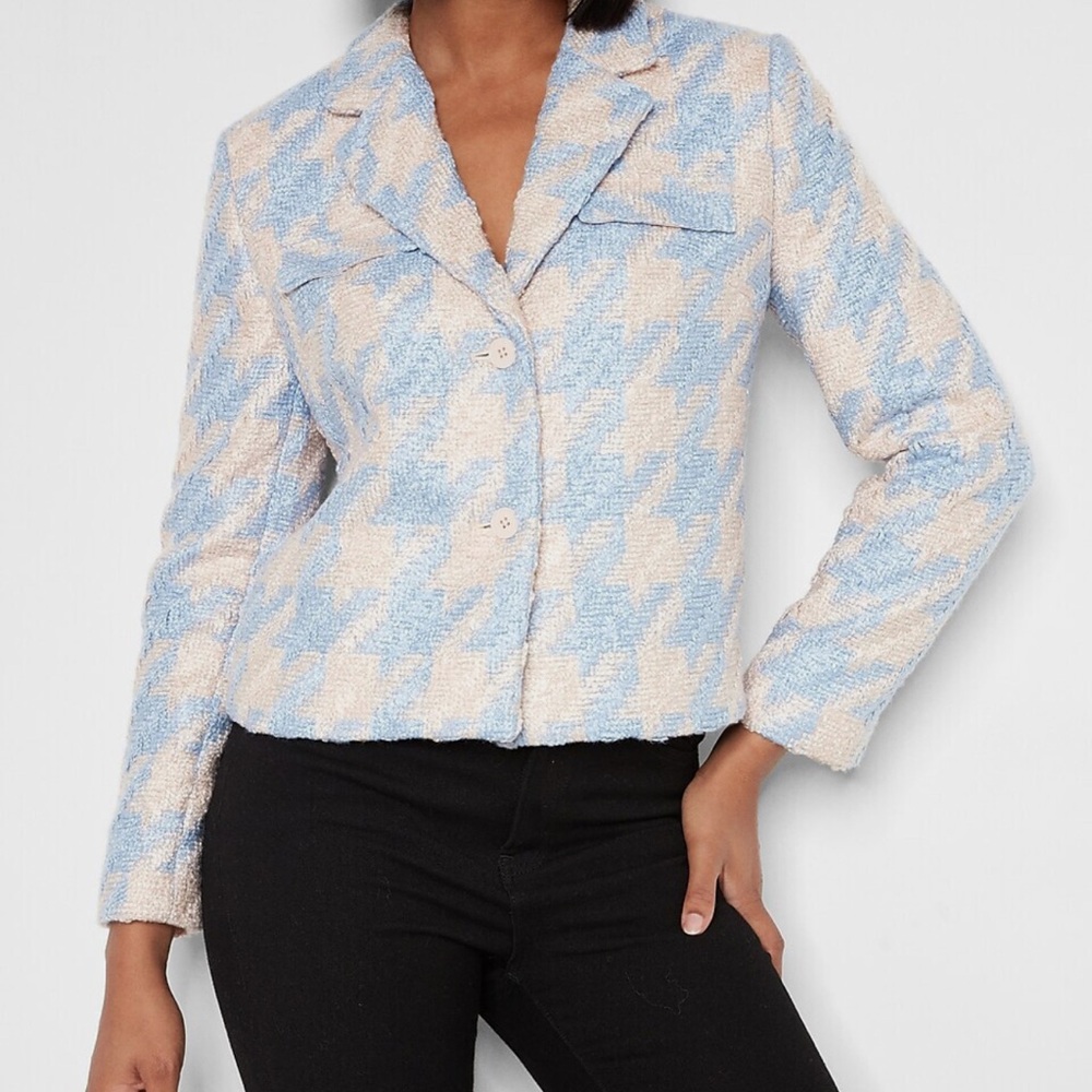 Express Blue & Cream Houndstooth Bouclé Blazer